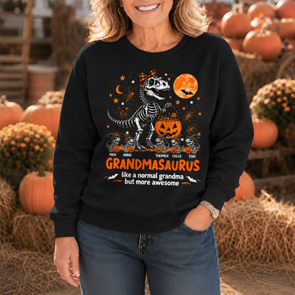 Personalized Grandmasaurus Halloween T-Shirt, Custom Grandkids Names Dinosaur Family Shirt, Spooky Pumpkin Grandma Tee