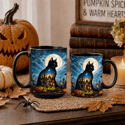 Personalized Halloween Cat Mug, Cute Black Cat Witch Hat Pumpkin Mug, Custom Name Fall Coffee Cup, Halloween Gift for Cat Lovers