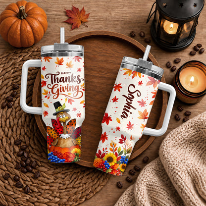 Personalized Thanksgiving Tumbler 40oz, Turkey Fall Leaves Gnome, Hello Fall Custom Name Gift For Adult & Friends