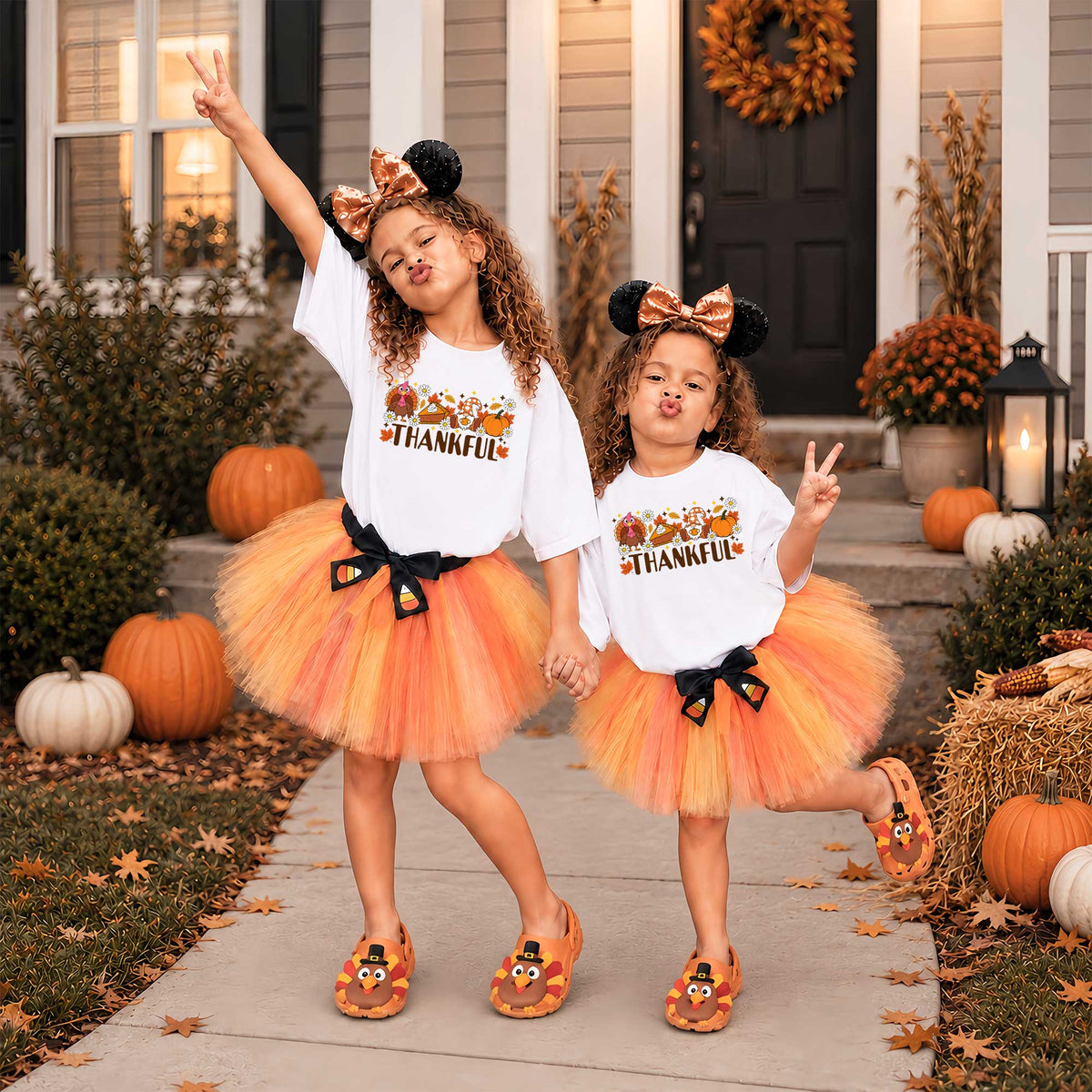 Girls Thanksgiving Shirt, Grateful Thankful Blessed Turkey Pumpkin Bow, Fall Gift for Kids & Women