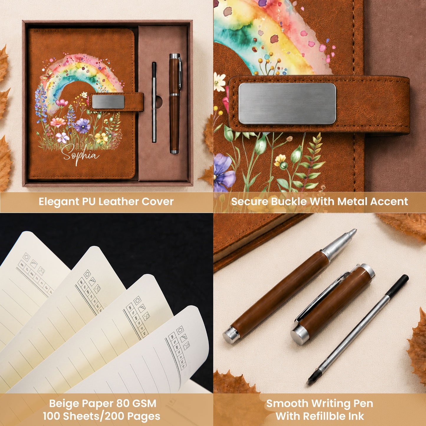 Personalized Leather Notebook Set with Custom Name, Floral Journal Gift Set with Pen for Women, Teacher, Student, Office
