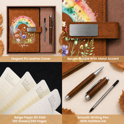Personalized Leather Notebook Set with Custom Name, Floral Journal Gift Set with Pen for Women, Teacher, Student, Office