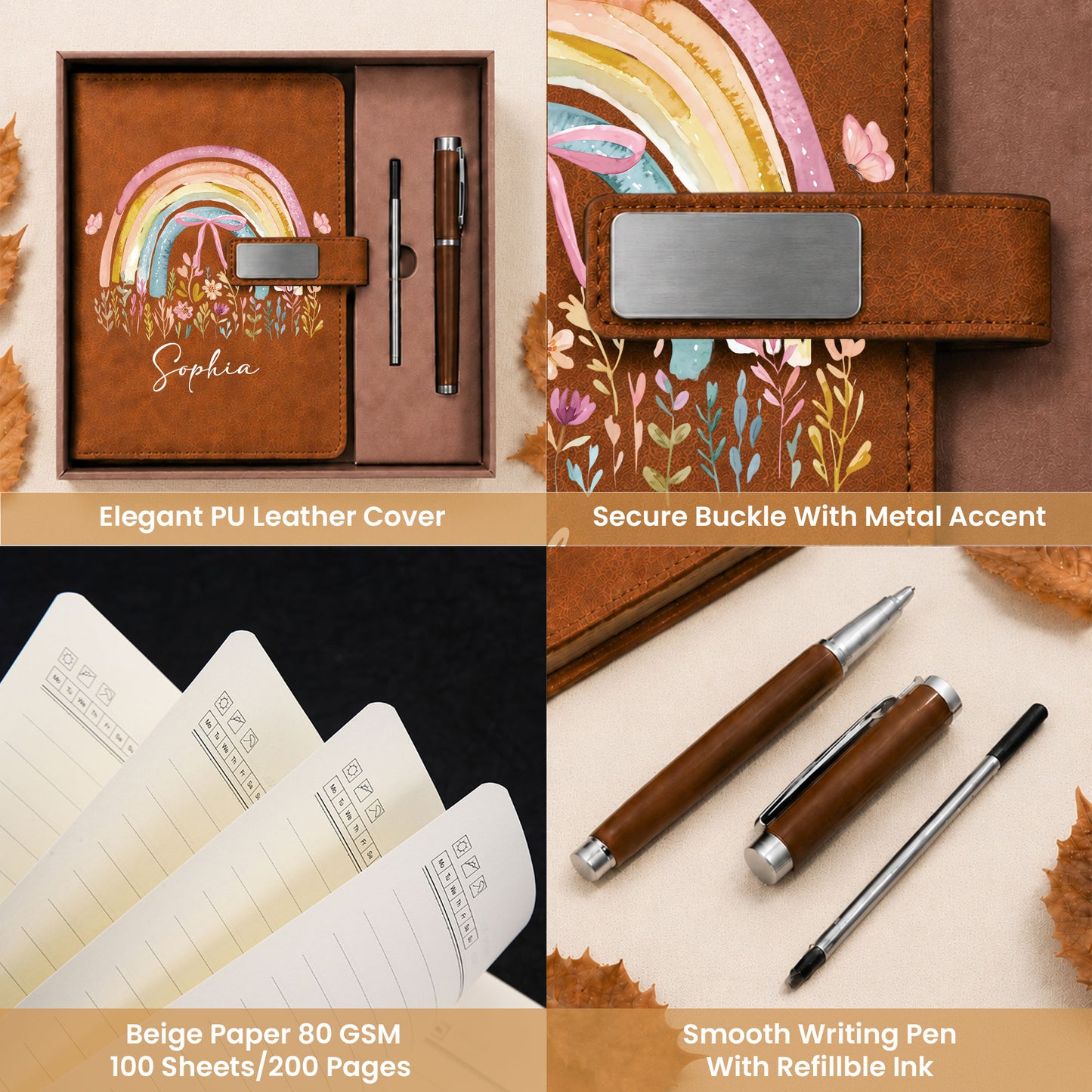 Personalized Leather Notebook Set with Custom Name, Floral Journal Gift Set with Pen for Women, Teacher, Student, Office