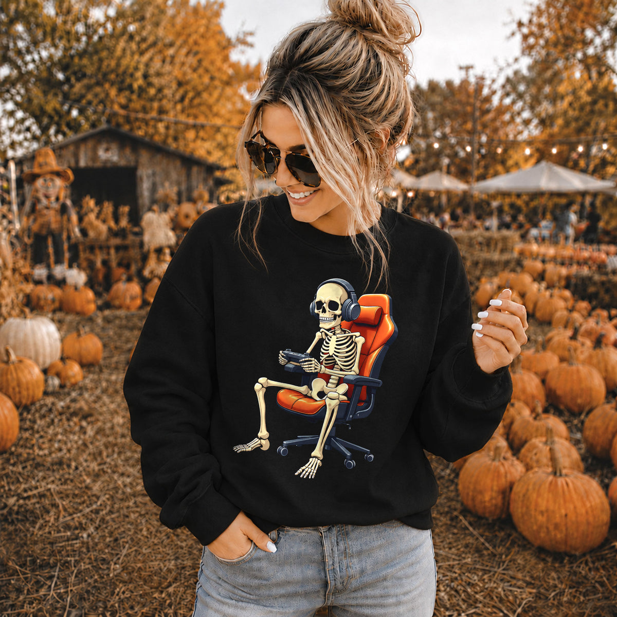 Skeleton Gamer Halloween Sweatshirt, Boys Pumpkin Gaming Shirt, Funny Halloween Gift
