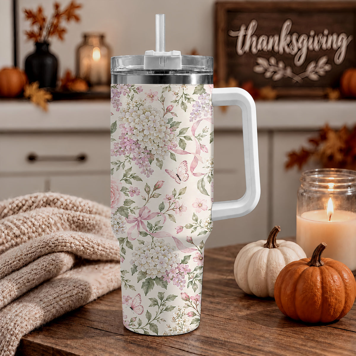 Personalized Thanksgiving Tumbler 40oz with Handle, Floral Fall Design, Gift For Grandma