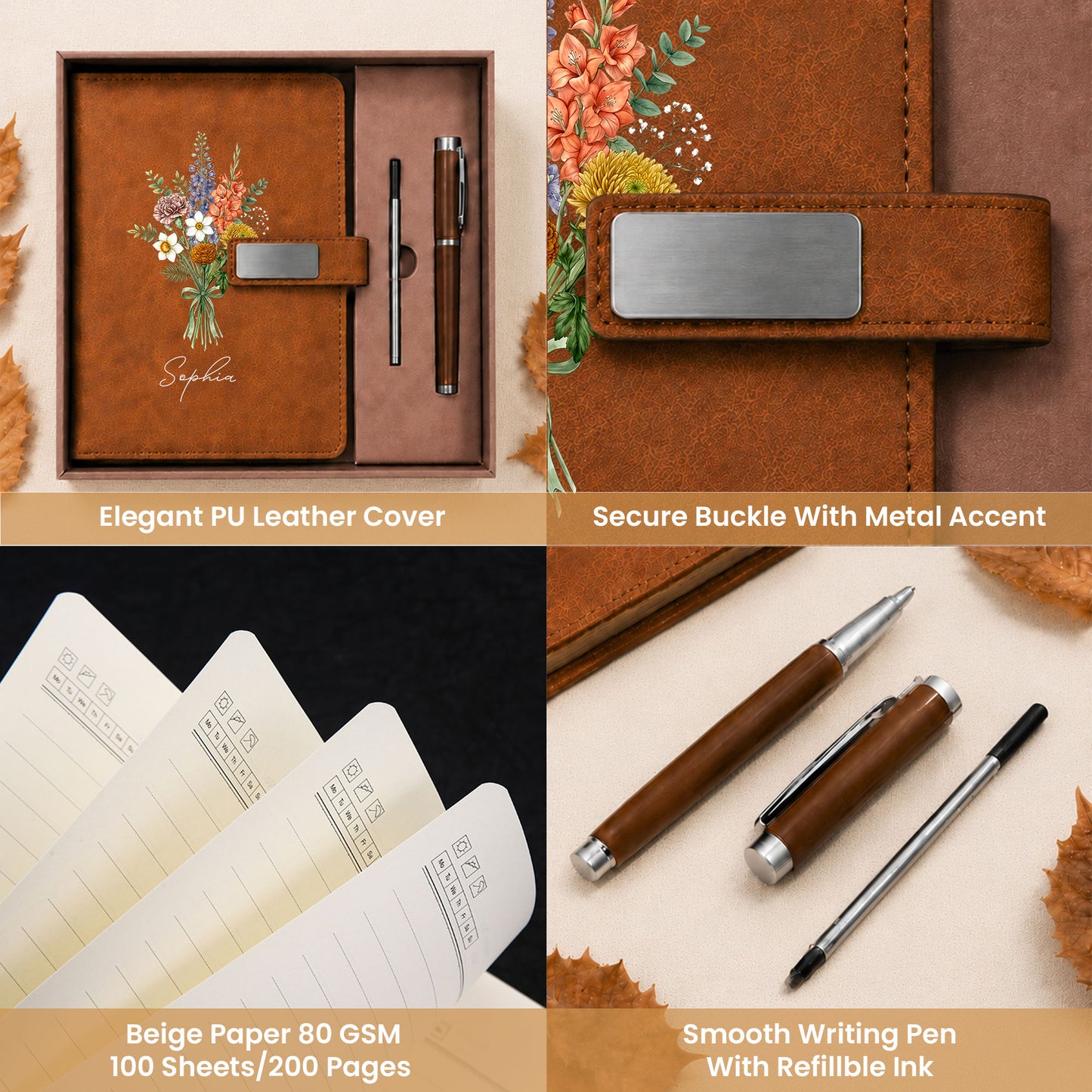 Personalized Leather Notebook Set with Custom Name, Floral Journal Gift Set with Pen for Women, Teacher, Student, Office