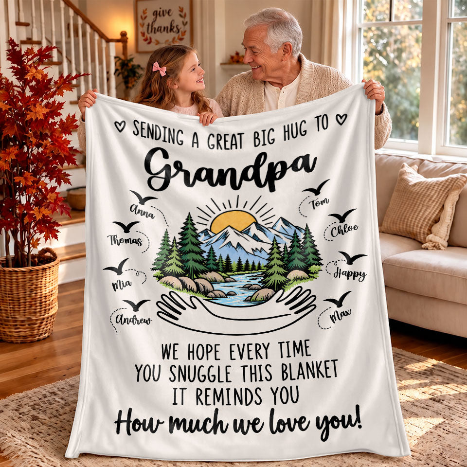 Personalized Grandpa Blanket Vintage Mountain Thanksgiving Gift for Grandpa from Grandkids, Family Gift