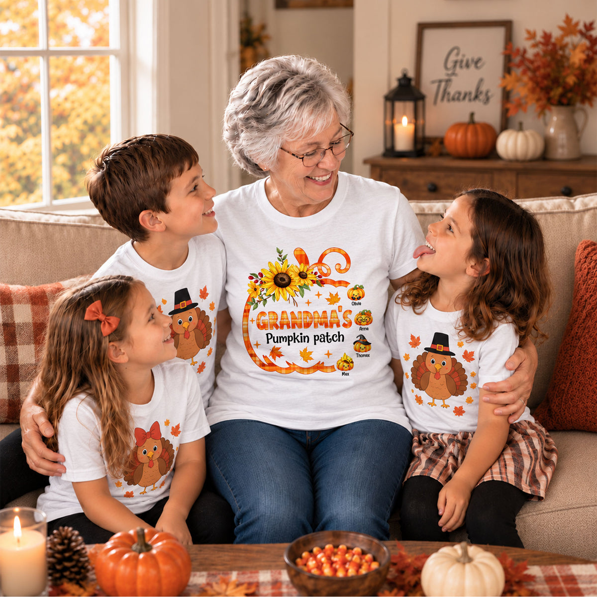 Personalized Grandma Thanksgiving Sweatshirt, Custom Family Name Autumn Pumpkin Patch Family Gift