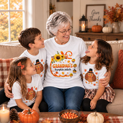 Personalized Grandma Thanksgiving Sweatshirt, Custom Family Name Autumn Pumpkin Patch Family Gift