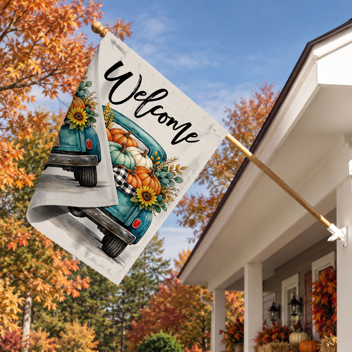 Hello Fall Garden Flag, Welcome Truck Happy Fall Ya'll Floral Pumpkin Outdoor Decor Gift For Family