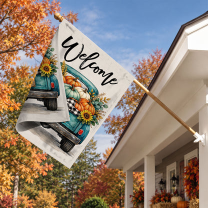 Hello Fall Garden Flag, Welcome Truck Happy Fall Ya'll Floral Pumpkin Outdoor Decor Gift For Family
