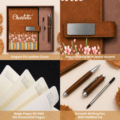 Personalized Leather Journal Gift Set – Birth Month Flower Book Stack Notebook - Gift for Women, Teachers, Friends