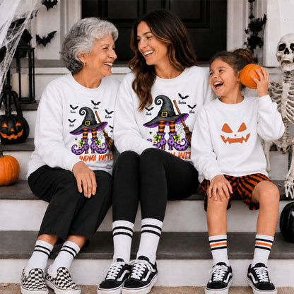 Personalized Grandma Witch Hat Sweatshirt, Custom Grandkids Names Halloween Shirt, Family Gift