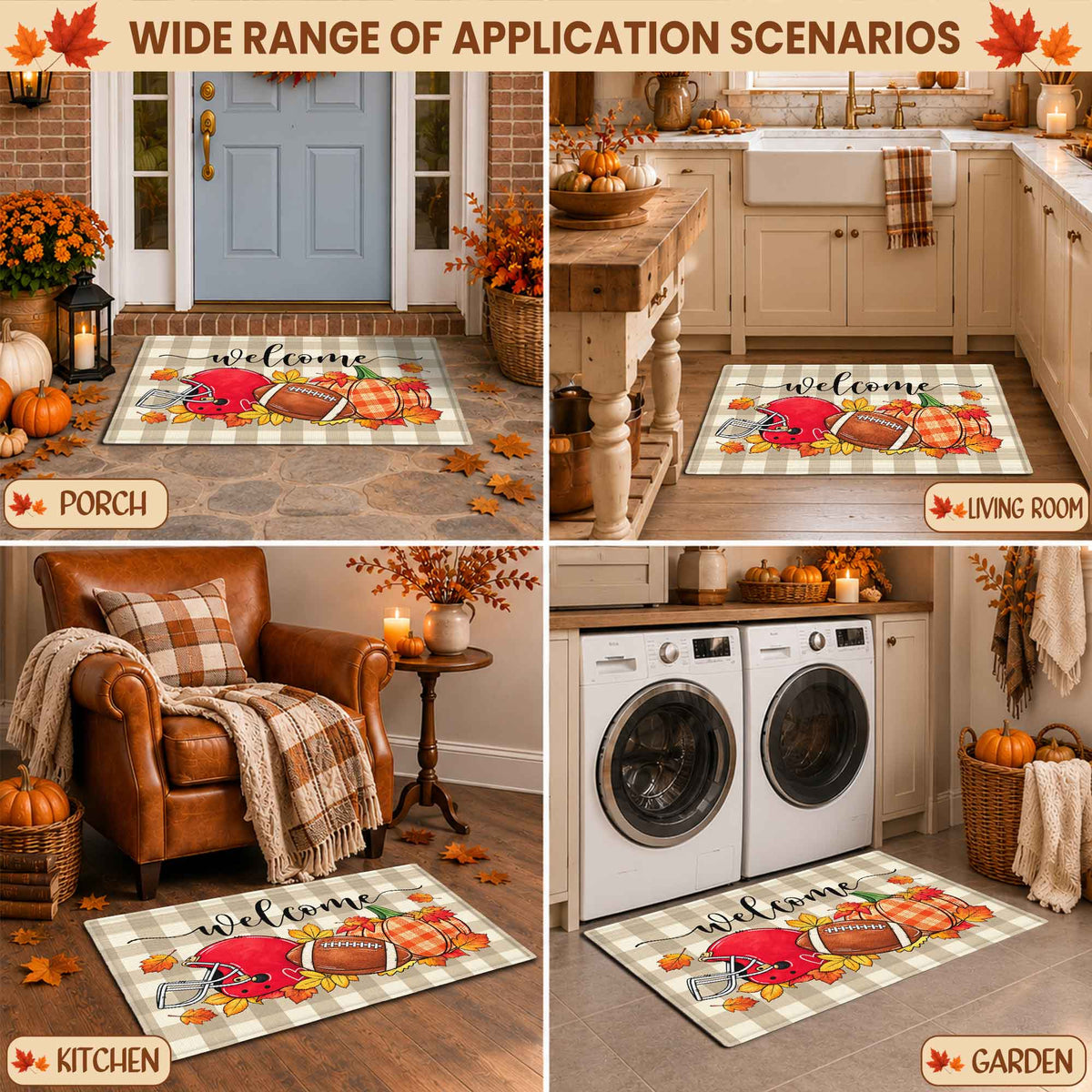 Fall Football Pumpkin Doormat, Welcome Autumn Leaves Door Mat, Thanksgiving Home Decor
