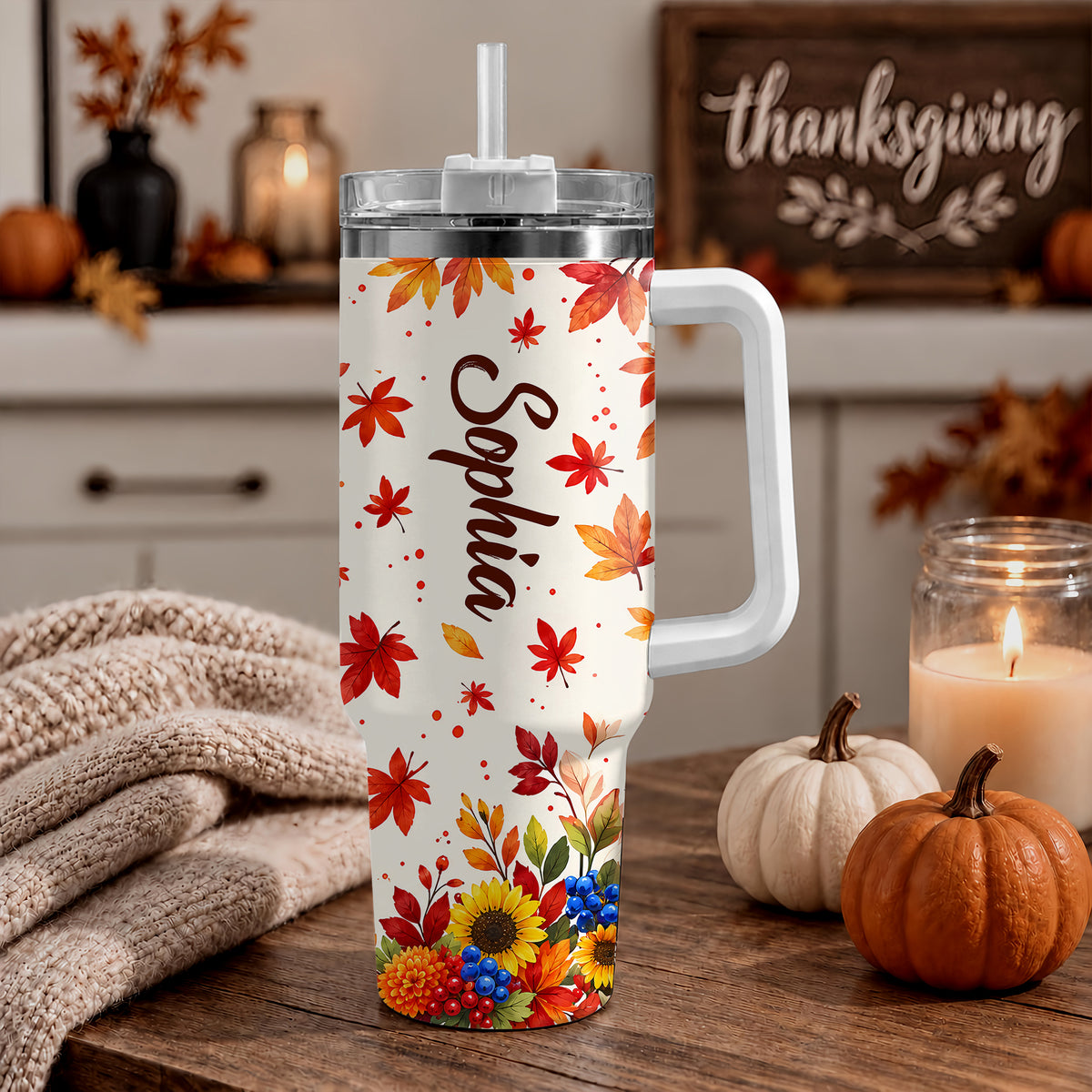Personalized Thanksgiving Tumbler 40oz, Turkey Fall Leaves Gnome, Hello Fall Custom Name Gift For Adult & Friends