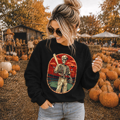 Baseball Skeleton Graphic Halloween Sweatshirt, Spooky Baseball Player Shirt, Funny Halloween Gift