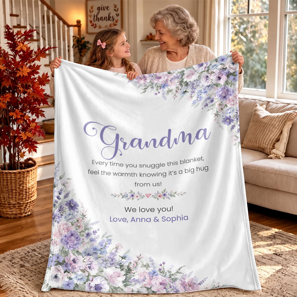 Personalized Grandma Thanksgiving Fleece or Sherpa Blanket, Floral Garden Family Custom Gift for Grandma