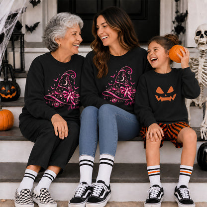 Personalized Halloween Breast Cancer Awareness Shirt for Women, Pink Ribbon Witch Hat Design, Custom Name Family Matching Tee