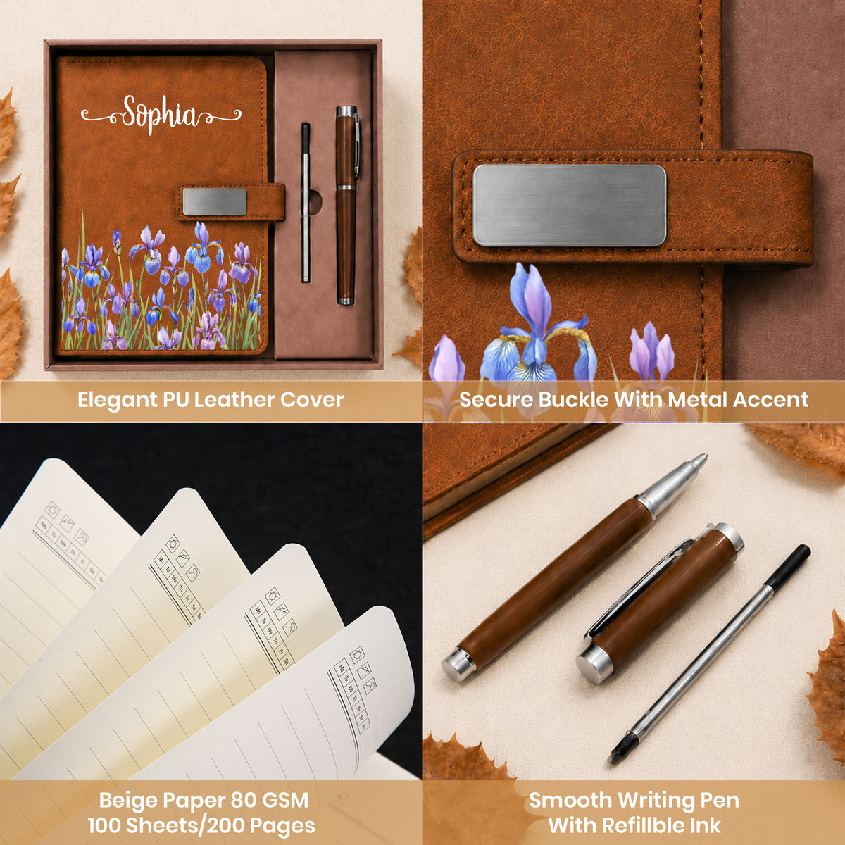 Personalized Floral Journal Gift Set - Custom Name Birth Month Flower Leather Notebook with Pen - Birthday Gift for Women, Friends