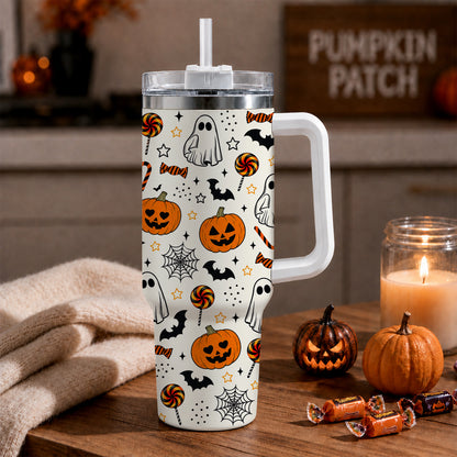 Personalized Halloween Tumbler, 40oz Travel Tumbler with Name, Vintage Spooky Pattern Gift Girls and Boys