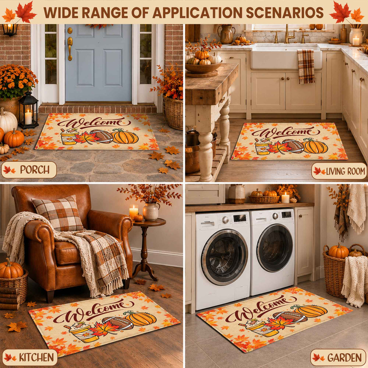 Fall Football Pumpkin Doormat, Welcome Autumn Leaves Door Mat, Thanksgiving Home Decor