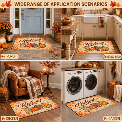 Fall Football Pumpkin Doormat, Welcome Autumn Leaves Door Mat, Thanksgiving Home Decor