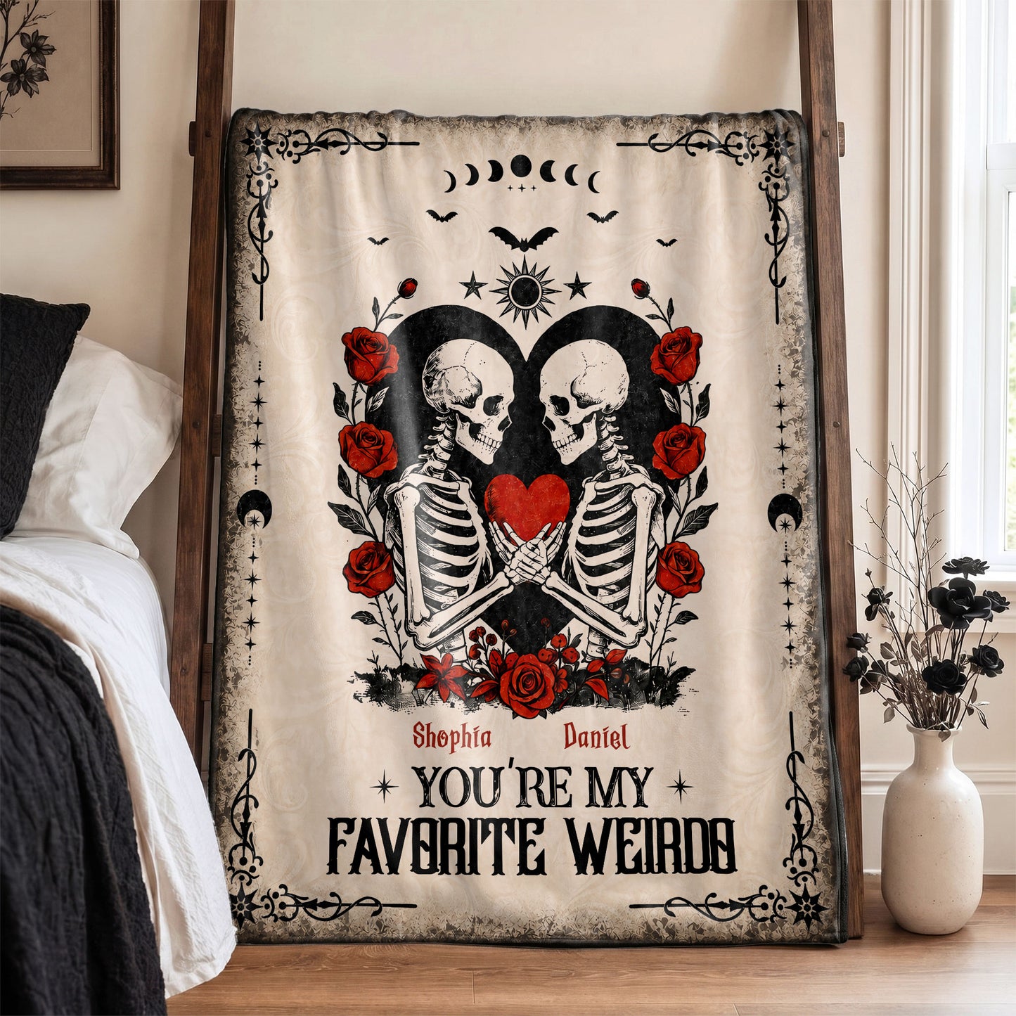 Skeleton Couple Blanket, Gothic Halloween Gift for Couples, Weird Love Design, Personalized Fleece Blanket & Sherpa Blanket