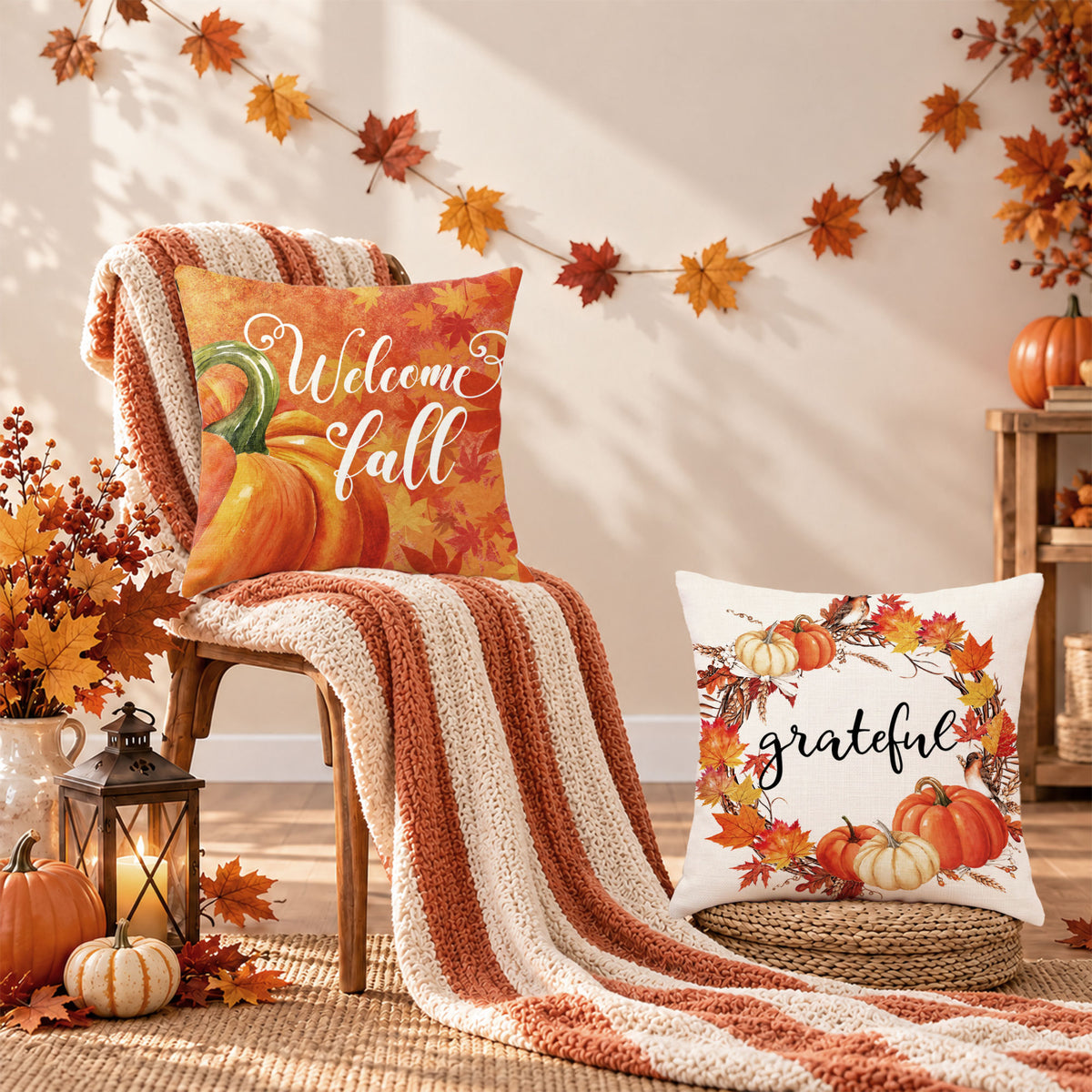 Thanksgiving Fall Decorative Pillow Set of 2 or 4, Harvest Throw Pillows for Home Decor, Gifts for Family