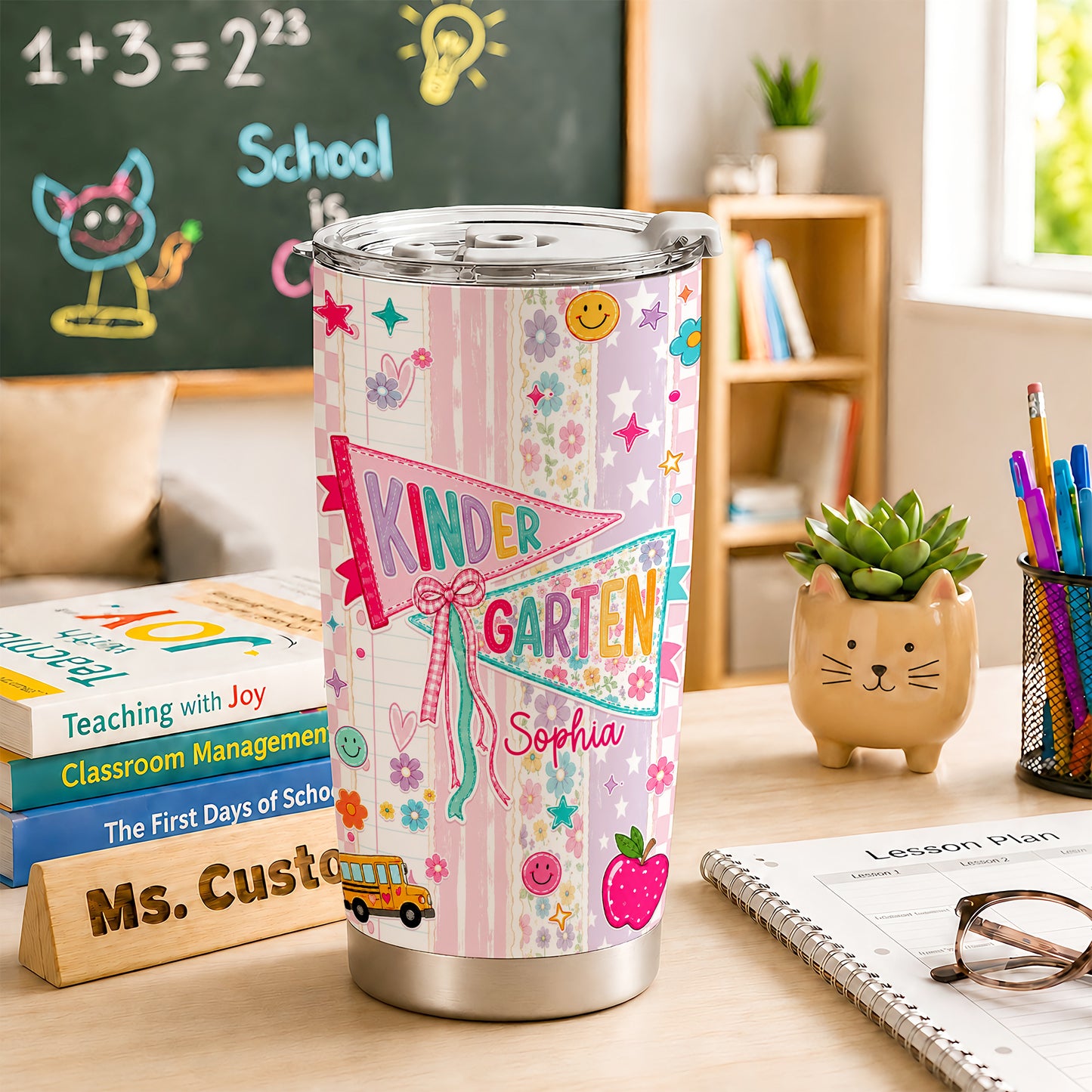 Personalized Back to School Tumbler - Custom Name & Class for Teachers and Students, Pastel Bow 20oz Travel Cup