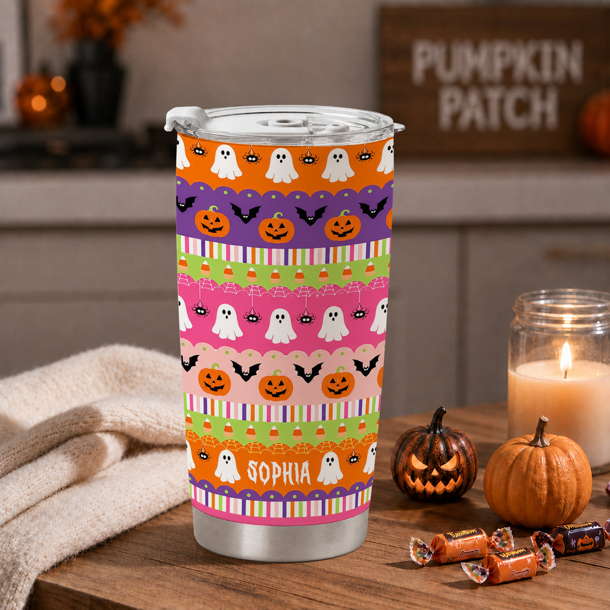Personalized Halloween Tumbler 20oz, Cute Ghost Pumpkin Tumbler, Halloween Gift For Kid and Adult