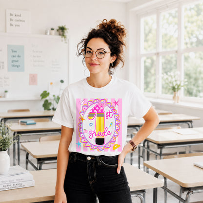 Personalized Back to School Shirt – Custom Name & Grade Preppy Striped Pennant Flag Color Tee for Teachers & Students, Pre-K to 8th Grade Outfit