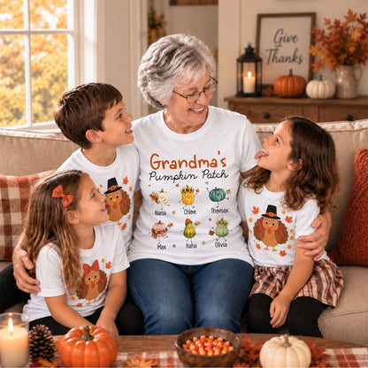 Personalized Grandma’s Pumpkin Patch Shirt & Sweater, Custom Family Names Fall Shirt, Autumn Family Gift