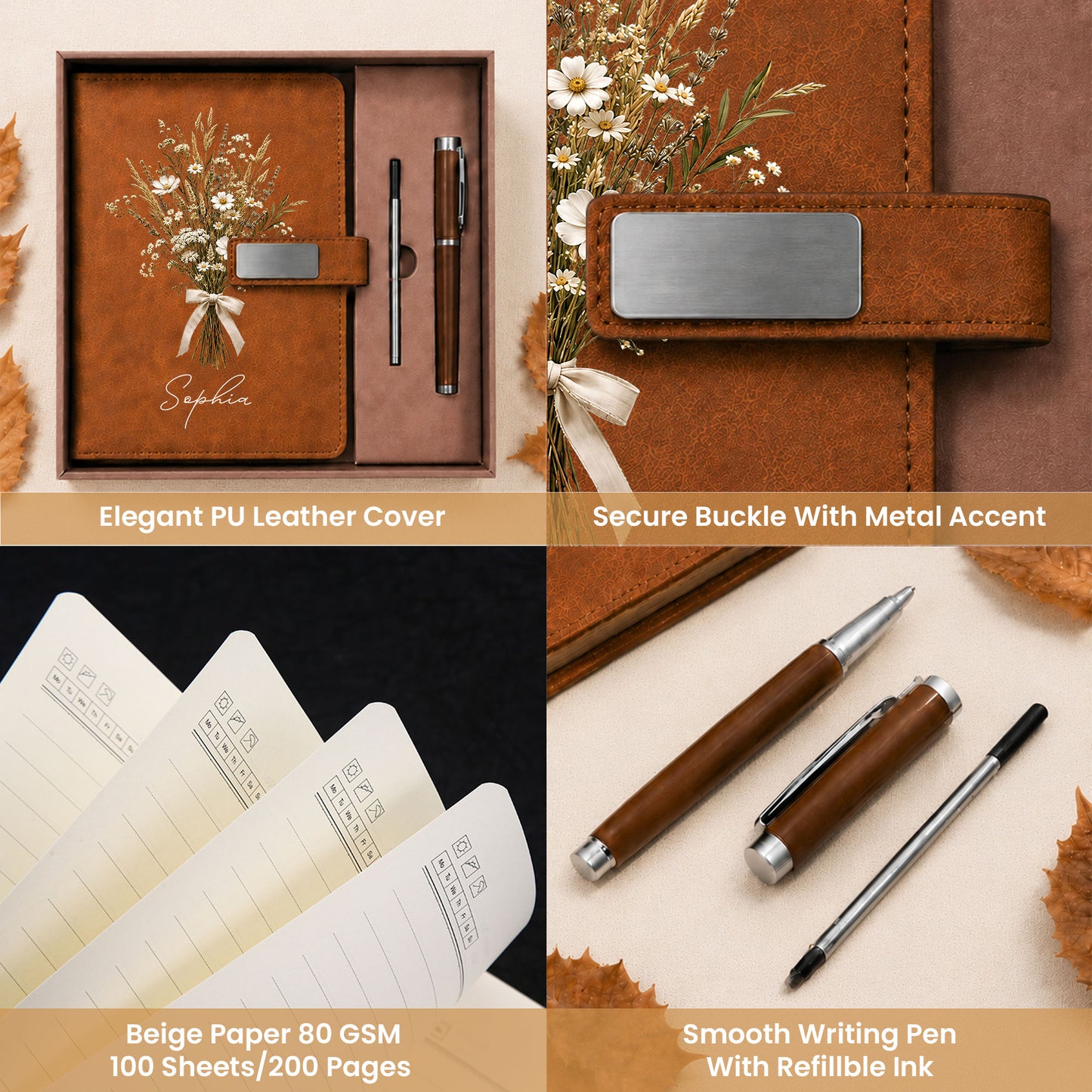 Personalized Leather Notebook Set with Custom Name, Floral Journal Gift Set with Pen for Women, Teacher, Student, Office