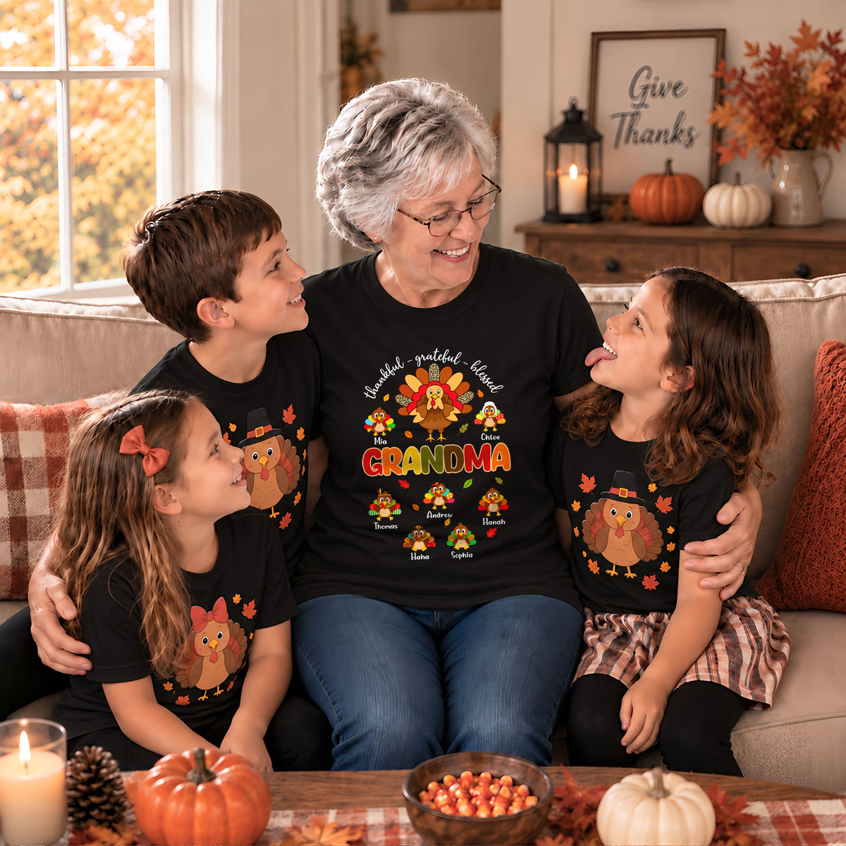 Personalized Thankful Grateful Blessed Grandma Sweatshirt, Custom Grandma Turkey with Grandkids Names Gift For Family
