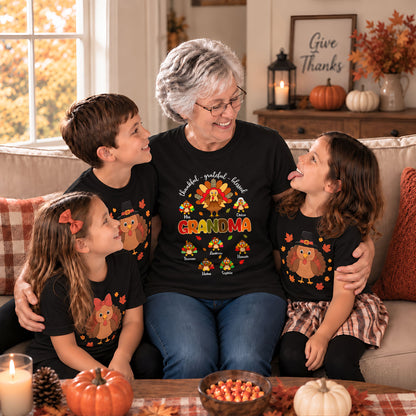 Personalized Thankful Grateful Blessed Grandma Sweatshirt, Custom Grandma Turkey with Grandkids Names Gift For Family