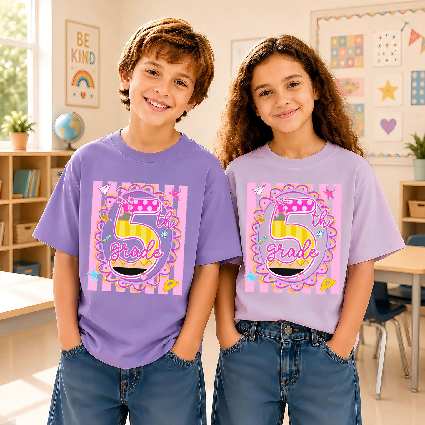 Personalized Back to School Shirt – Custom Name & Grade Preppy Striped Pennant Flag Color Tee for Teachers & Students, Pre-K to 8th Grade Outfit