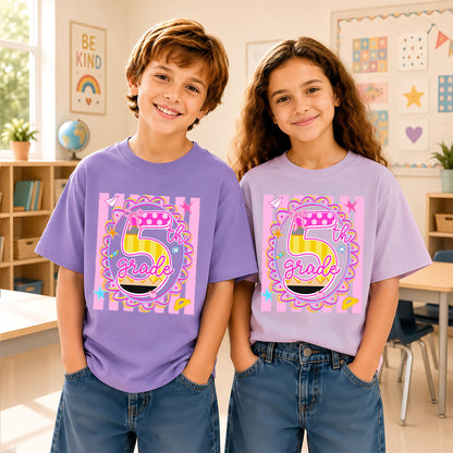 Personalized Back to School Shirt – Custom Name & Grade Preppy Striped Pennant Flag Color Tee for Teachers & Students, Pre-K to 8th Grade Outfit