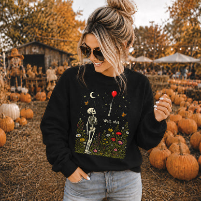 Skeleton Holding Red Balloon Graphic T-Shirt, Funny Halloween Inspired Skeleton Shirt, Spooky Season Casual Tee