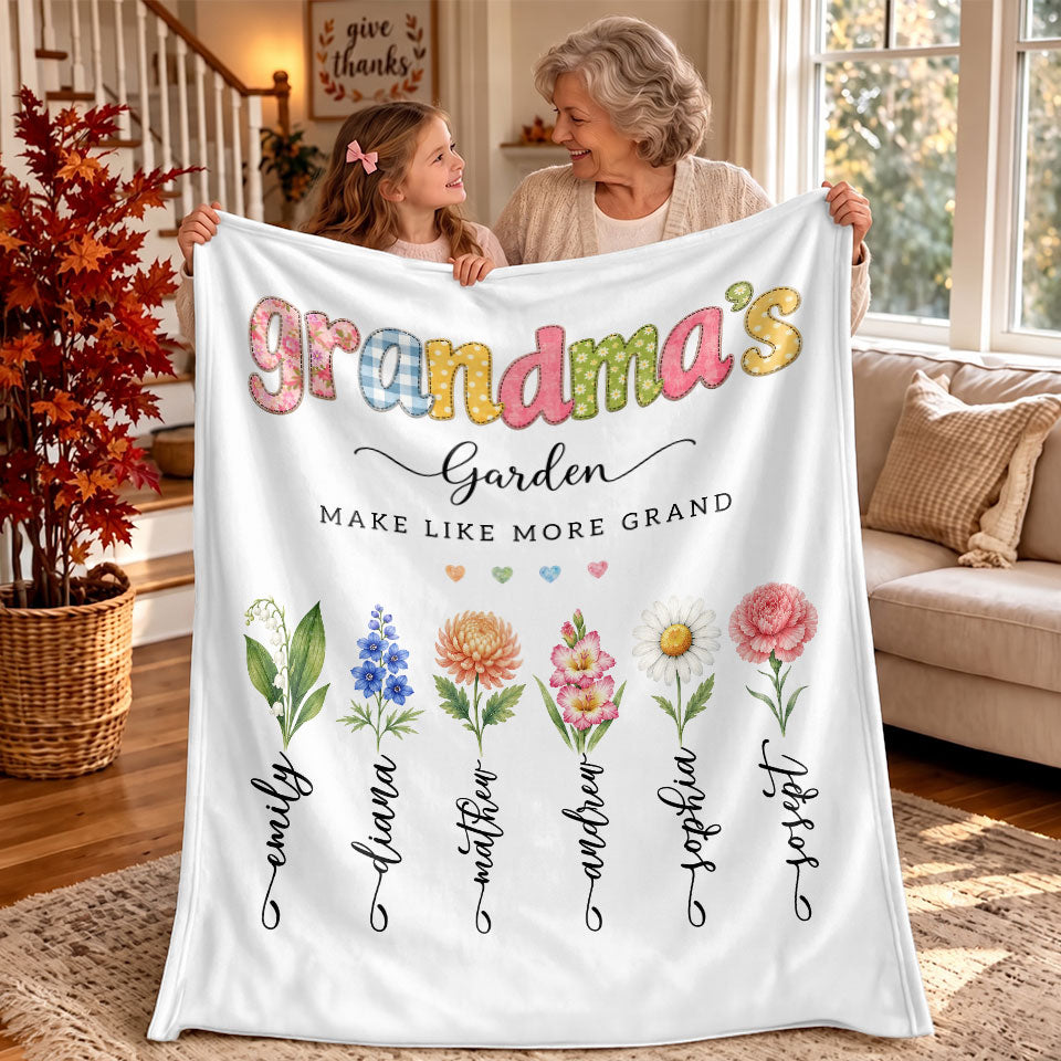 Personalized Grandma Thanksgiving Fleece & Sherpa Blanket, Family Garden Floral Custom Name Gift for Grandma