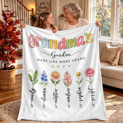 Personalized Grandma Thanksgiving Fleece & Sherpa Blanket, Family Garden Floral Custom Name Gift for Grandma