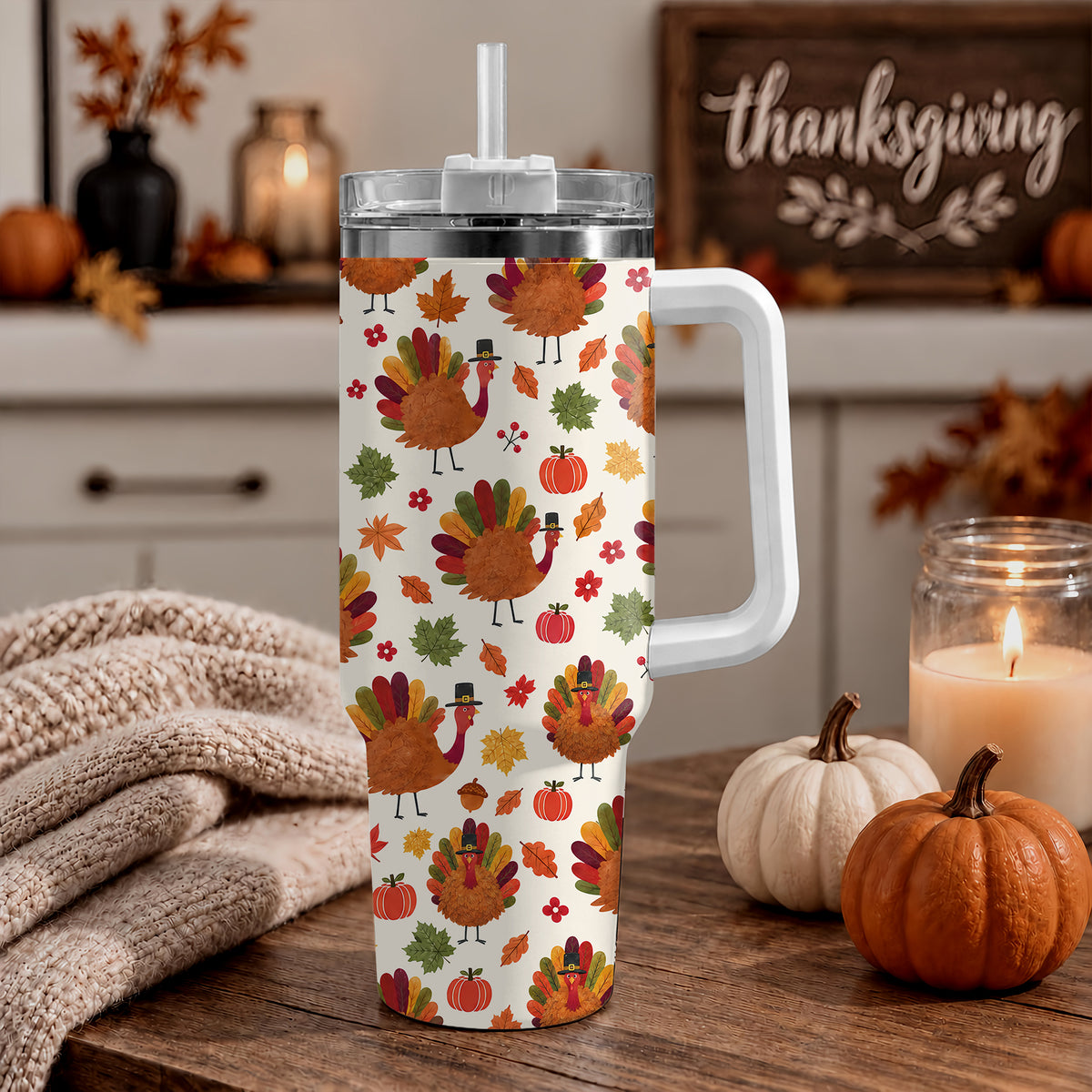 Personalized Thanksgiving Tumbler 40oz, Turkey Fall Leaves Gnome, Hello Fall Custom Name Gift For Adult & Friends