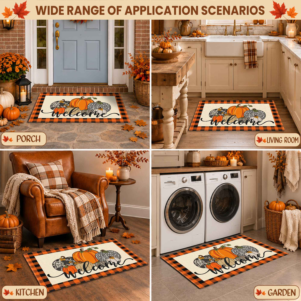 Fall Football Pumpkin Doormat, Welcome Autumn Leaves Door Mat, Thanksgiving Home Decor