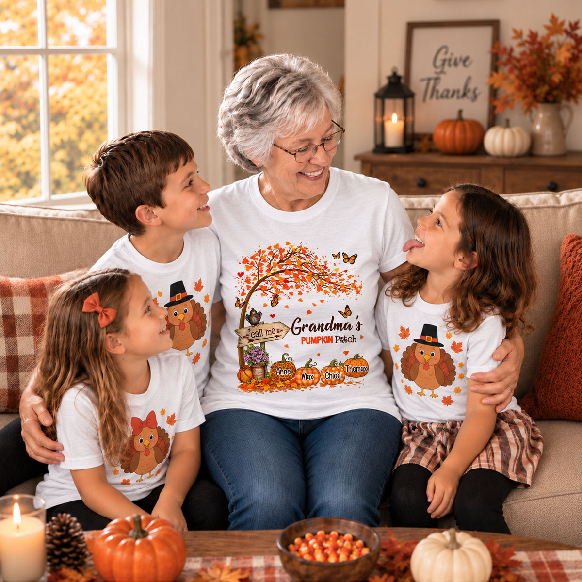 Personalized Grandma Thanksgiving Sweatshirt, Custom Family Name Autumn Pumpkin Patch Family Gift