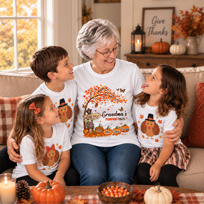 Personalized Grandma Thanksgiving Sweatshirt, Custom Family Name Autumn Pumpkin Patch Family Gift