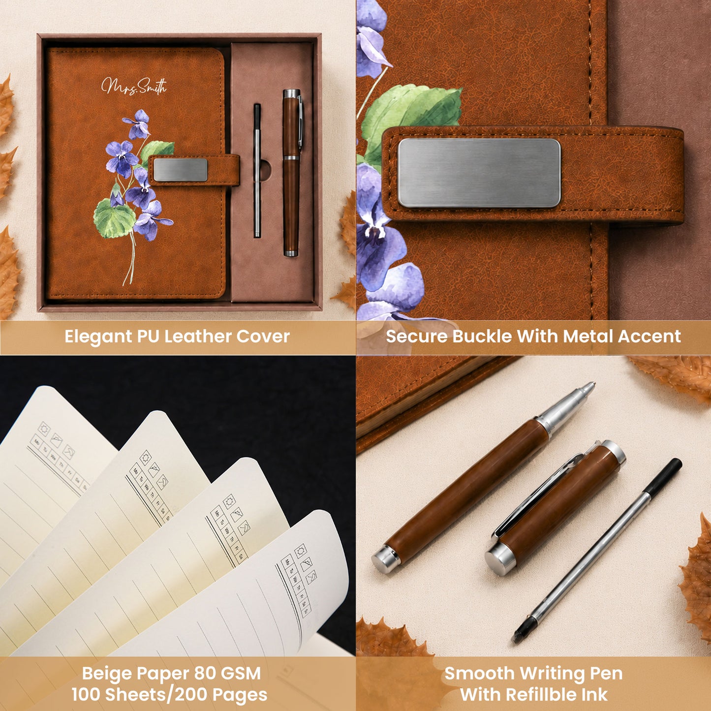 Personalized Leather Notebook Set with Custom Name, Floral Journal Gift Set with Pen for Women, Teacher, Student, Office