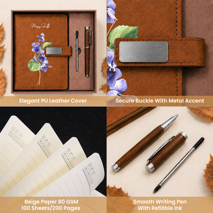 Personalized Leather Notebook Set with Custom Name, Floral Journal Gift Set with Pen for Women, Teacher, Student, Office
