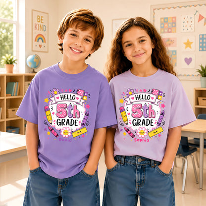 Personalized Hello School Shirt for Kids – Custom Name & Grade Back to School Tee for Pre-K to 8th Grade Students