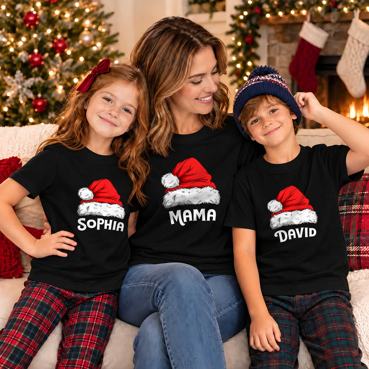 Personalized Family Christmas Shirts, Matching Santa Hat Tees, Custom Name Holiday Gift