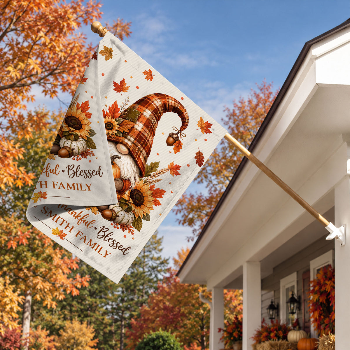 Personalized Thanksgiving Family Flag, Gnome Fall Garden Custom Family Name, Outdoor Decor Gift For Family