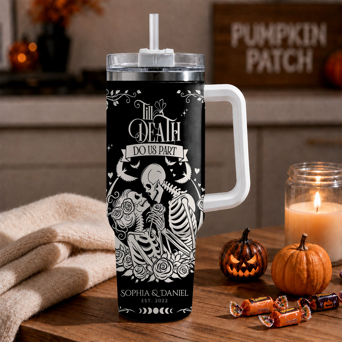 Personalized Skeleton Couple Halloween Tumbler 40oz, Gothic Skeleton with Roses, Halloween Gift for Couples